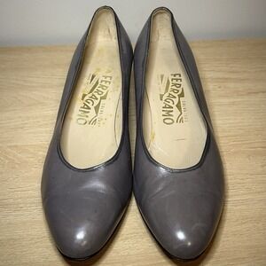 Salvatore Ferragamo Gray Leather Low Block Heel‎ Classic Pumps